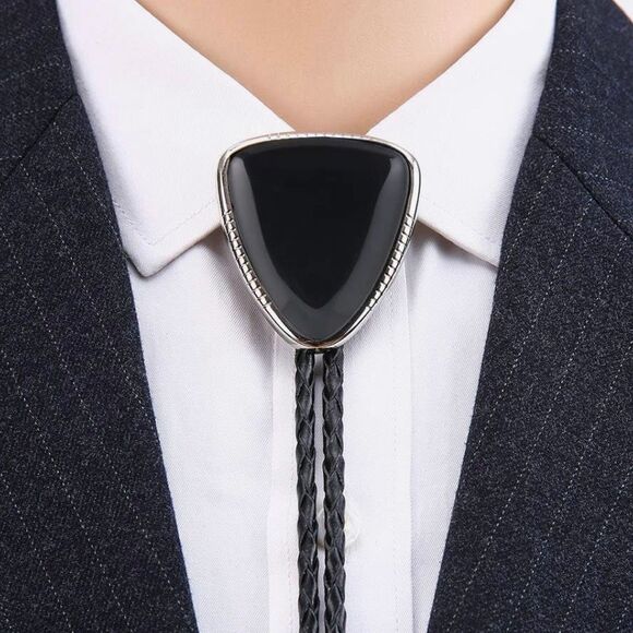 Triangle Black Agate Stone Bolo Tie Mens Casual Western Cowboy Accessory - Picture 2 of 6
